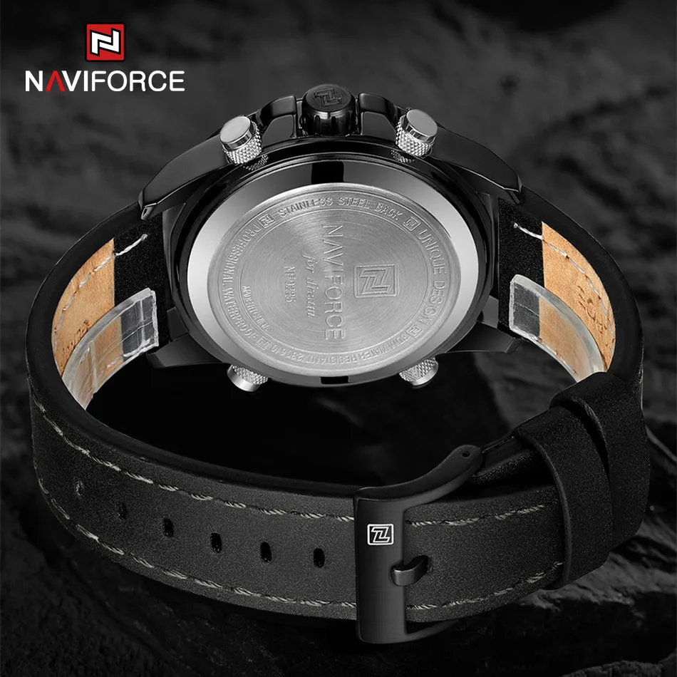 NAVIFORCE Men Sport Watch Fashion Genuine Leather Strap Dual Display Wristwatch Waterproof Chronograph Alarm Clock Reloj Hombre