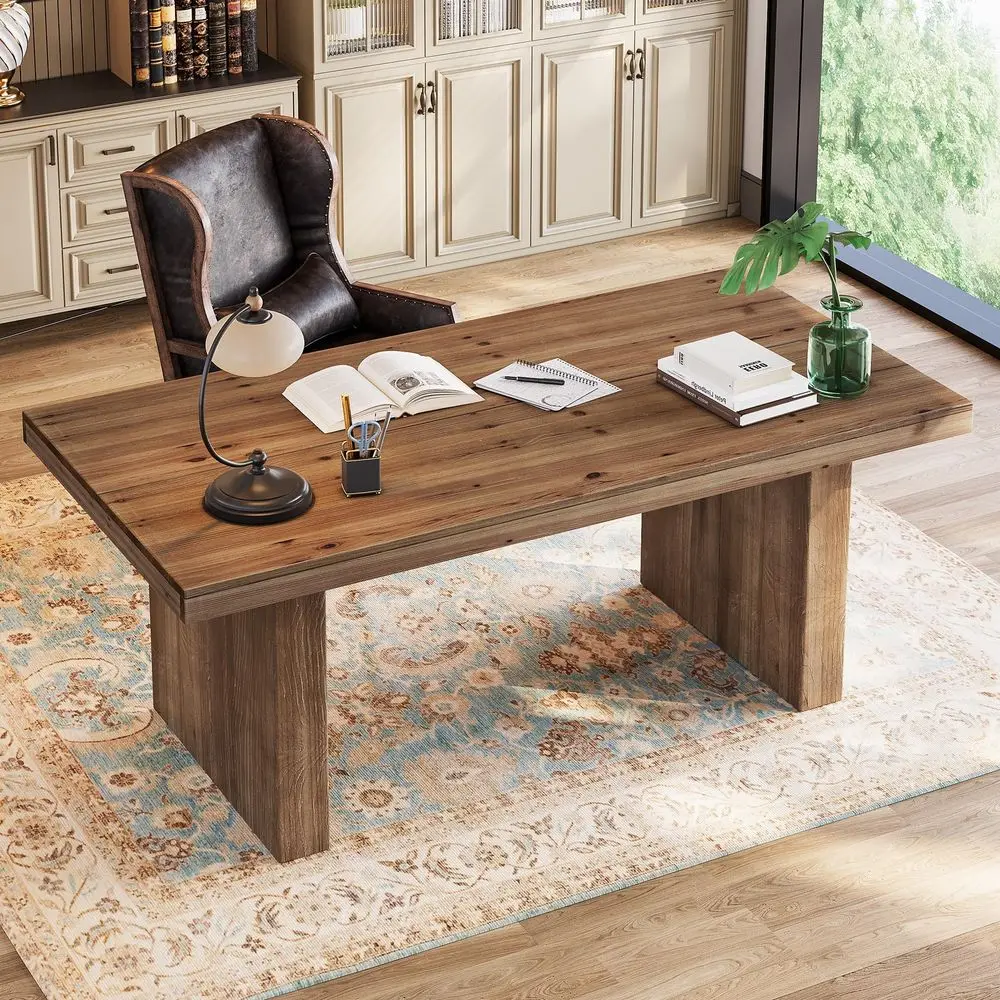 

Solid Wood Home Office Desk, Farmhouse Large Executive Computer Desk with Sturdy Wooden Legs, Study Writing Table Business Work