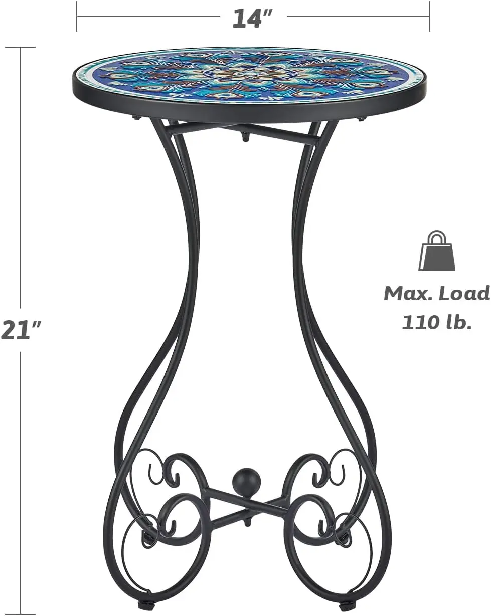 

Vonluce Outdoor Side Table And Mosaic Plant Stand, 21"" Round End Table With 14"" Ceramic Tile Top For Patio Porch Decor,