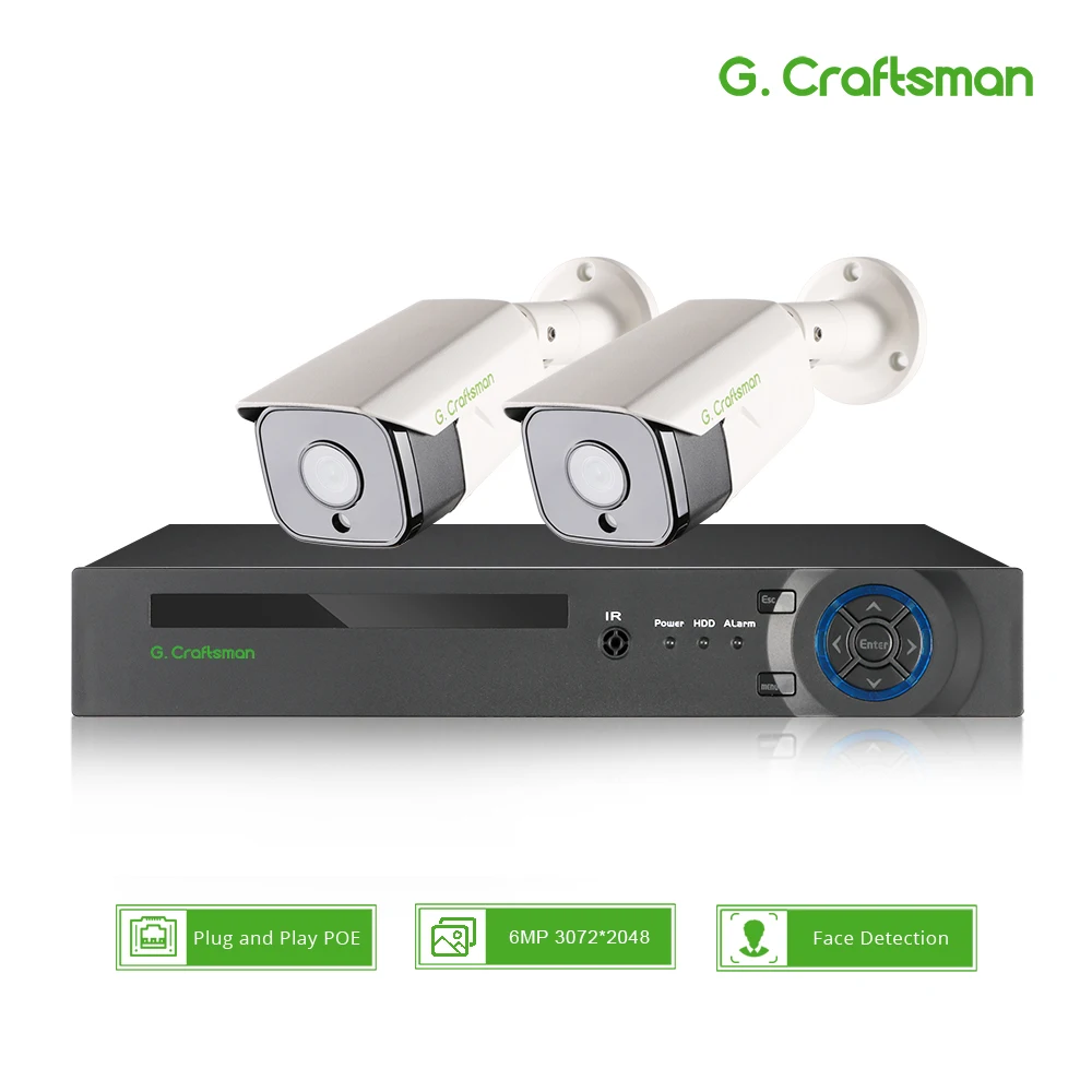 G.Craftsman 2CH XMeye 6MP POE CCTV Kit,SONY 20fps,Face Detection, AI Video Surveillance, Audio, Onvif NVR Security System