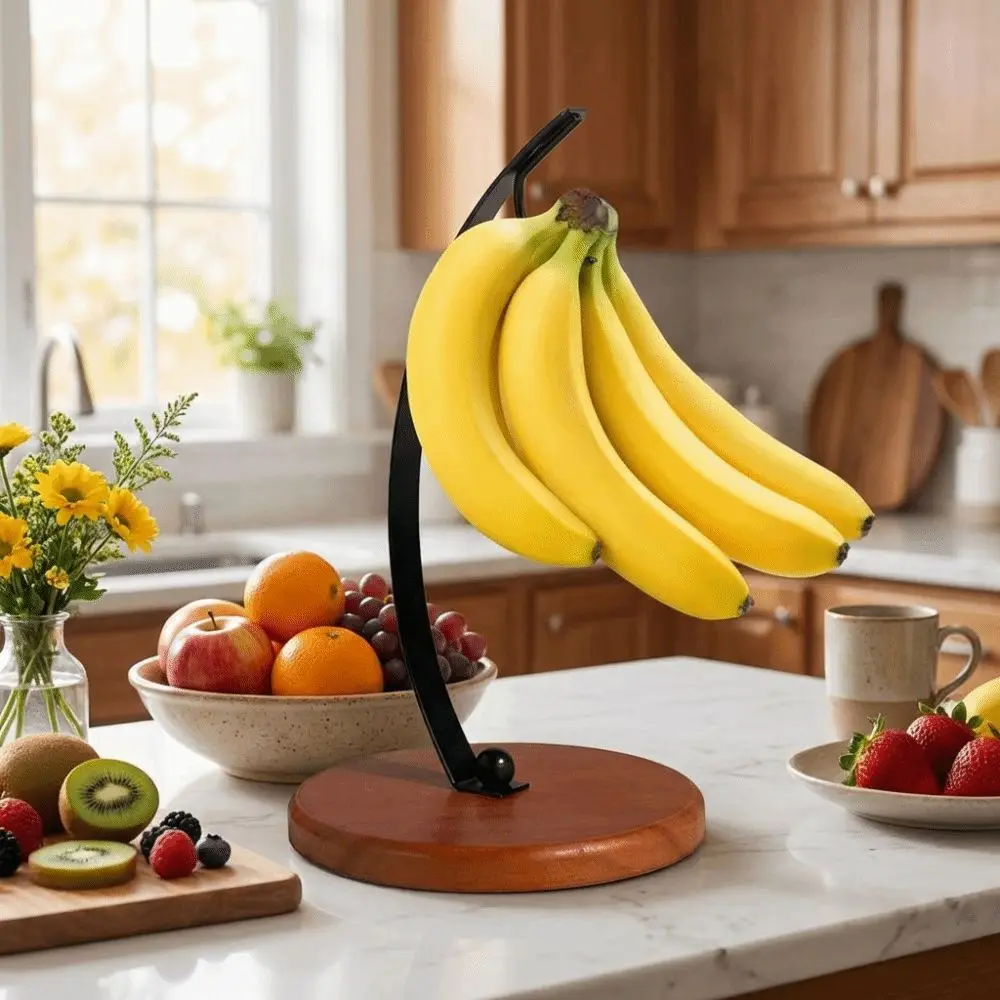 Draining Metal Banana Holder With Wood Base Stable Stand Fruit Storage Holder Hanging with Hook Fruit Hanger Fruit Storage