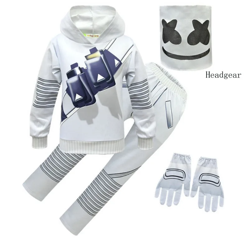 Kids Halloween Costume Boys Marshmello DJ Mask Interesting Jumpsuit Headgear Hoodies Suit Music Christmas Party Costume for Kids