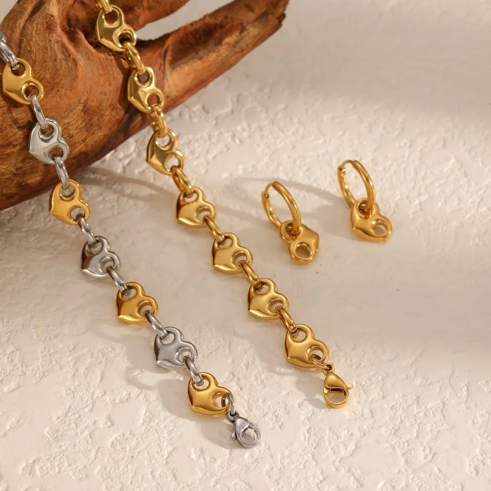 Minimalistischer Modeschmuck aus Edelstahl, zweifarbiges Herz-Knopf-Armband, Halskette, Ohrringe, Damen-Party-Schmuckgeschenke – Detail 3