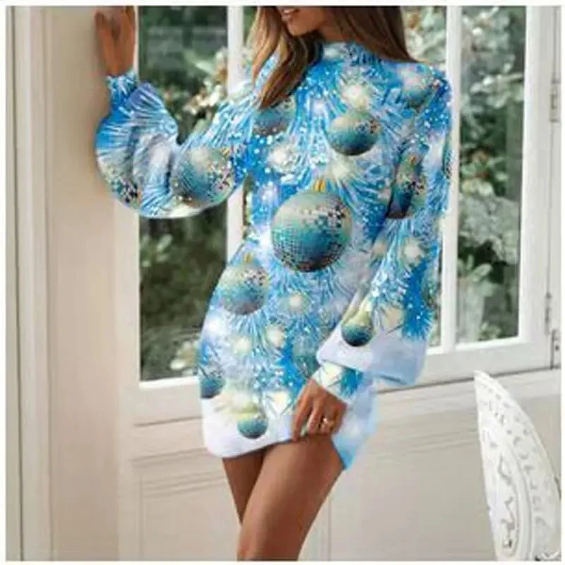 Vintage Christmas Printing Hoodies Dress For Women Fashion Elegant Half High Collar Lantern Long Sleeve Party Dresses Vestidos