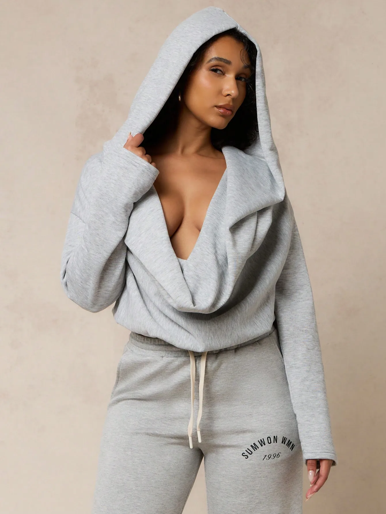 

Oversized Cowl Neck Hooded Sweatshirt for Women - Gray Loungewear Top