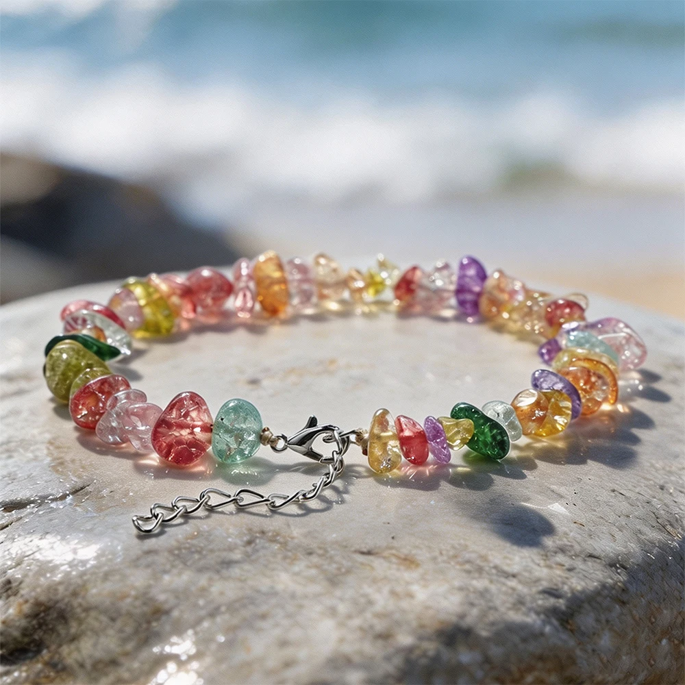 Summer Beach Crystal Beaded Anklet Colorful Natural Stone Chips Gravel Quartz Bracelets Adjustable Women Bohemian Foot Jewelry