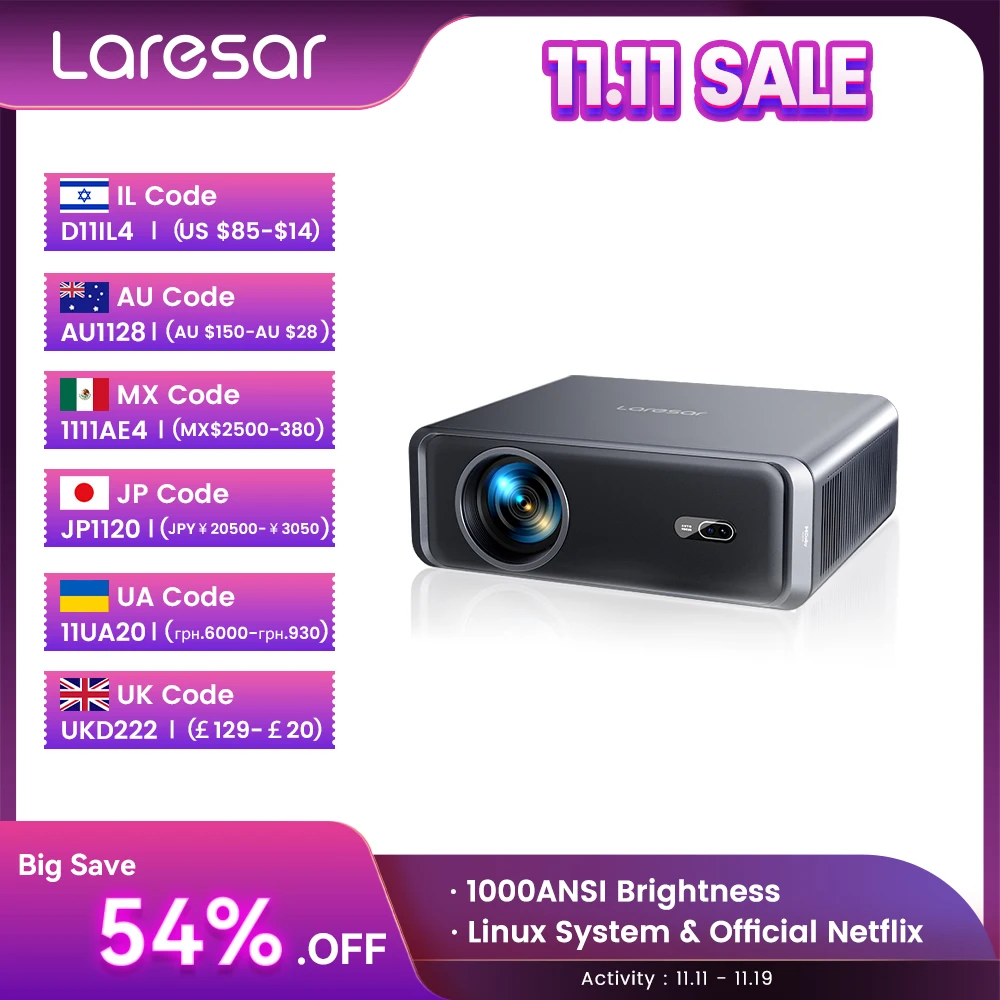 

Lareser A1 Projector 4K 1000ANSI Official Netflix Linux Native 1080P Auto Focus/Keystone Dolby Audio WiFi6 BT5.2 Home Theater