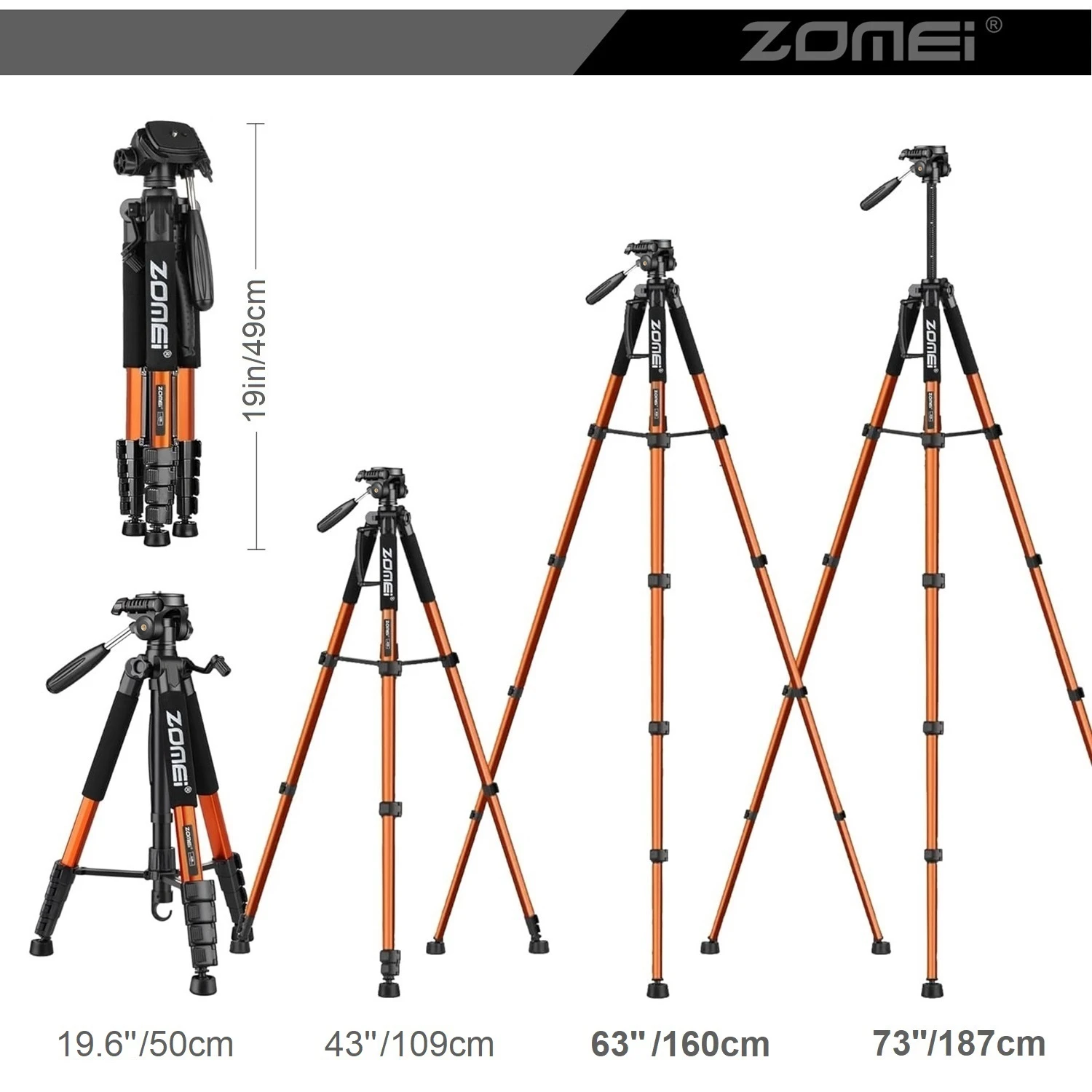 187 cm / 73,6 inch hoog Zomei aluminium draagbaar statief voor camera DSLR Canon Nikon, 360 graden panorama fotografie telefoonstandaard