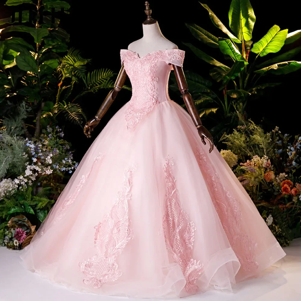 Glitter Lace Appliques Beading Pink Quinceanera Dresses Corset Real Photo Off the Shoulder Formal Ball Gown Customsized