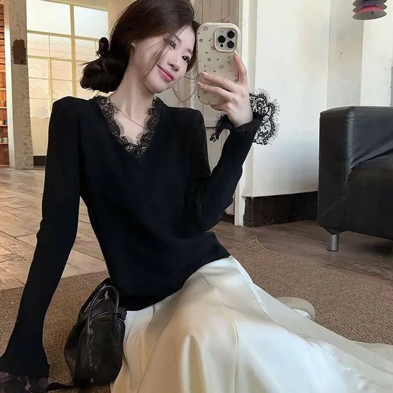 أزياء من الدانتل الخامس الرقبة محبوك سترة للنساء مزاجه أنيقة طويلة الأكمام لاعبا السيدات خريف شتاء قاع البلوز