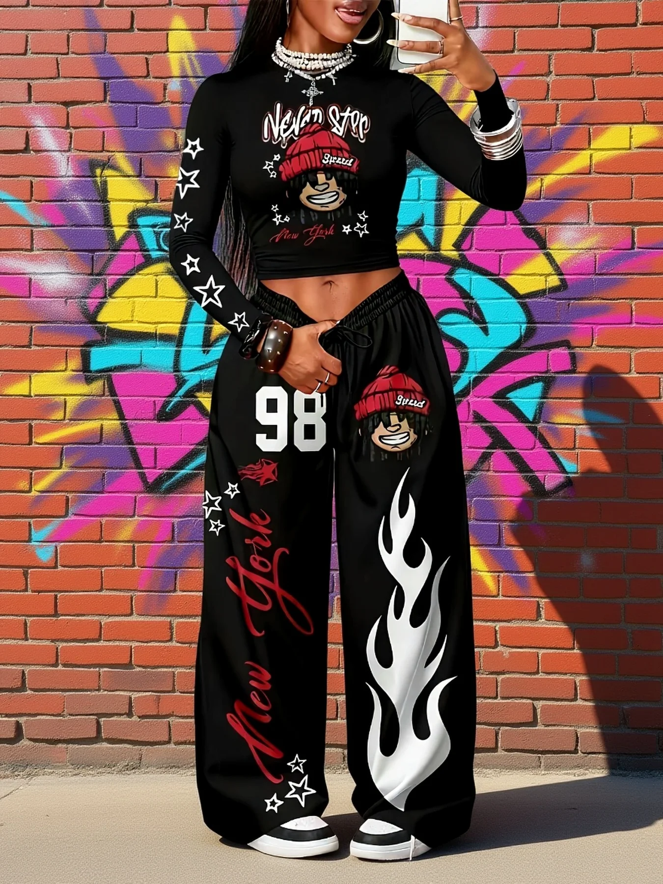 Women’s Black Flame Cartoon Print Pants Fast Dry Non-Sticky Trousers Hip Hop Style Loose Baggy Streetwear for Daily Outfits Kids