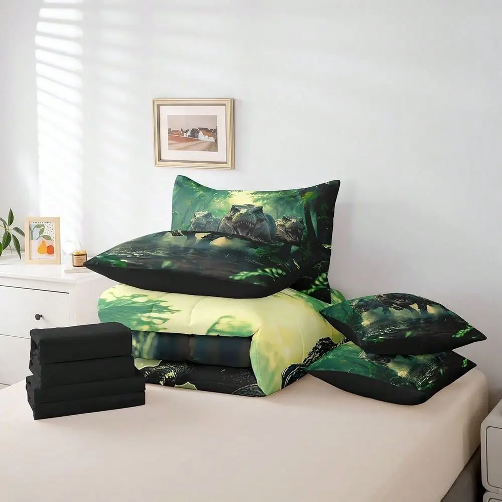 

7pcs Cartoon Dinosaur Comforter Set,Decor Jungle Dino Bedding Set,Include 1 Comforter1 Flat Sheet1 Fitted Sheet2 Pillowcases2 P
