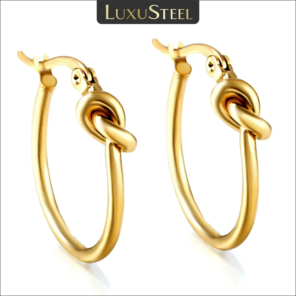 LUXUSTEEL Klassische geknotete runde Creolen für Damen, vergoldeter Edelstahl, kleine Kreis-Ohrringe, Party, trendige Geschenke