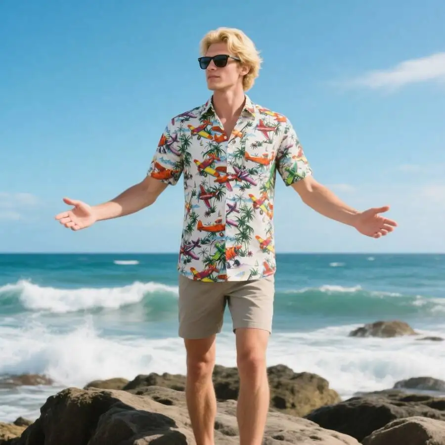 

Mens Hawaiian Shirt Tropical Print Casual Button Down Beach Shirt Summer