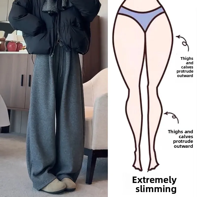 

Серые шерстяные брюки с широкими штанинами, женские повседневные брюки на флисовой подкладке больших размеров, осенне-зимние, с высокой талией, стройнящие, удобные.