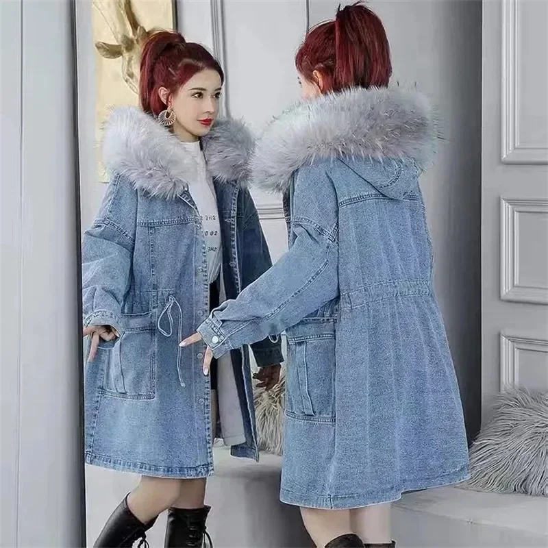 Women\'s Jeans Coat New Winter Denim Coats Thick Wool Denim Jacket Korea Loose Hooded Fur Collar Long Clothes Outerwear Female