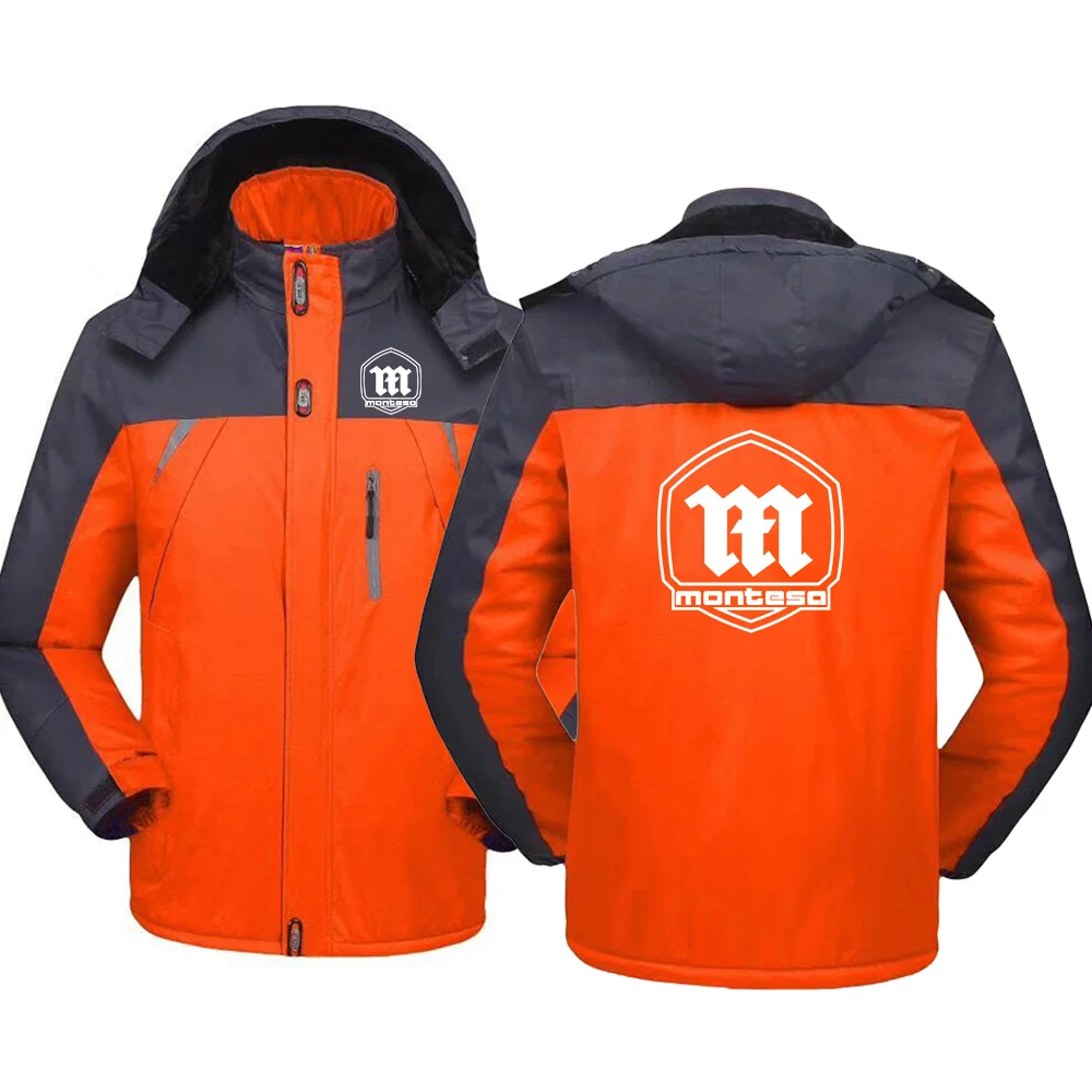 2025 Autumn Winter Men's Montesa Motorcycle Logo Print Personality Patchwork Zipper Jacket Thicken Warm Hoodies Fleece Coat