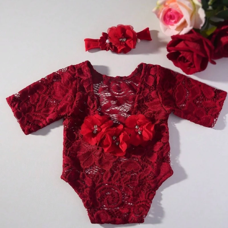 Lace Flower Romper and Hairband Newborn Photoshooting Set Photo Props Baby Girls Photo Costume Photography Bodysuit 2in1