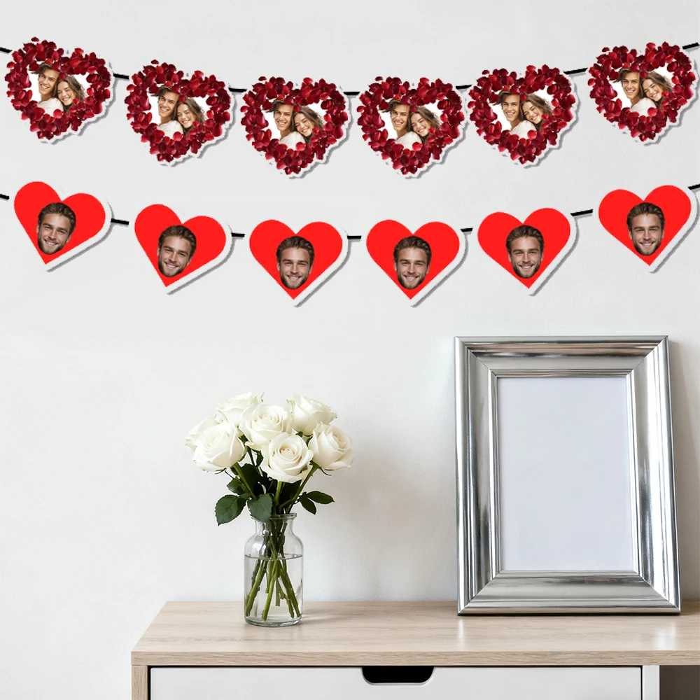 Benutzerdefinierte Valentinstag-Gesichtsbanner, rotes Liebesherz-Design, hängende Girlande, Valentinstag, Party, Dekoration, Verlobung, Hochzeit, Zubehör