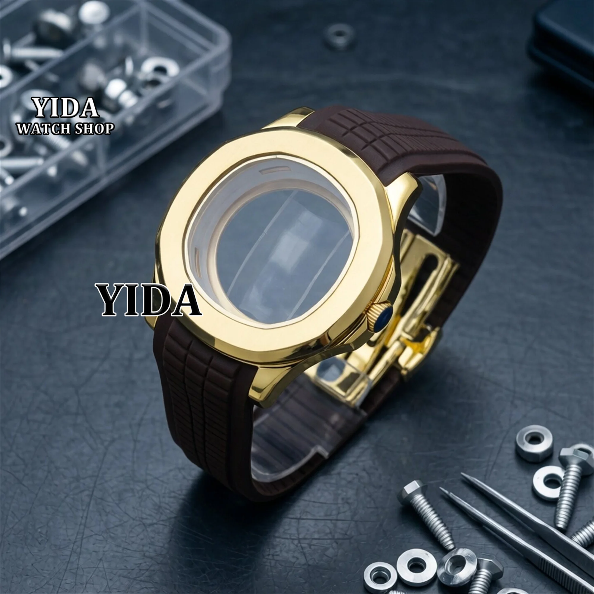 

42MM Gold Watch Case Rubber Strap Sapphire Crystal 10ATM Waterproof Modified Parts for AQUANAUT Nautilus NH35 NH36 Movement Case