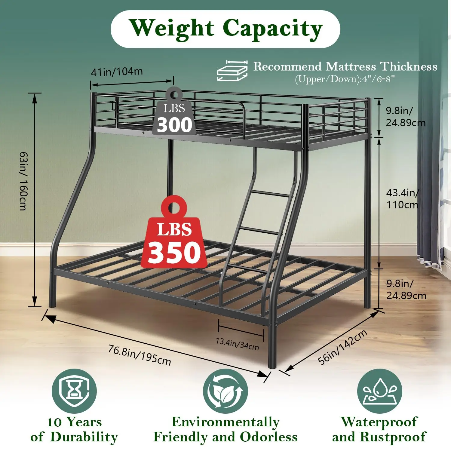 Bunk Beds Twin Over Full Size, Heavy Duty Bunk Beds With Bottom Space & Guardrail Metal Bunk Bed Frame For Adults, Customized