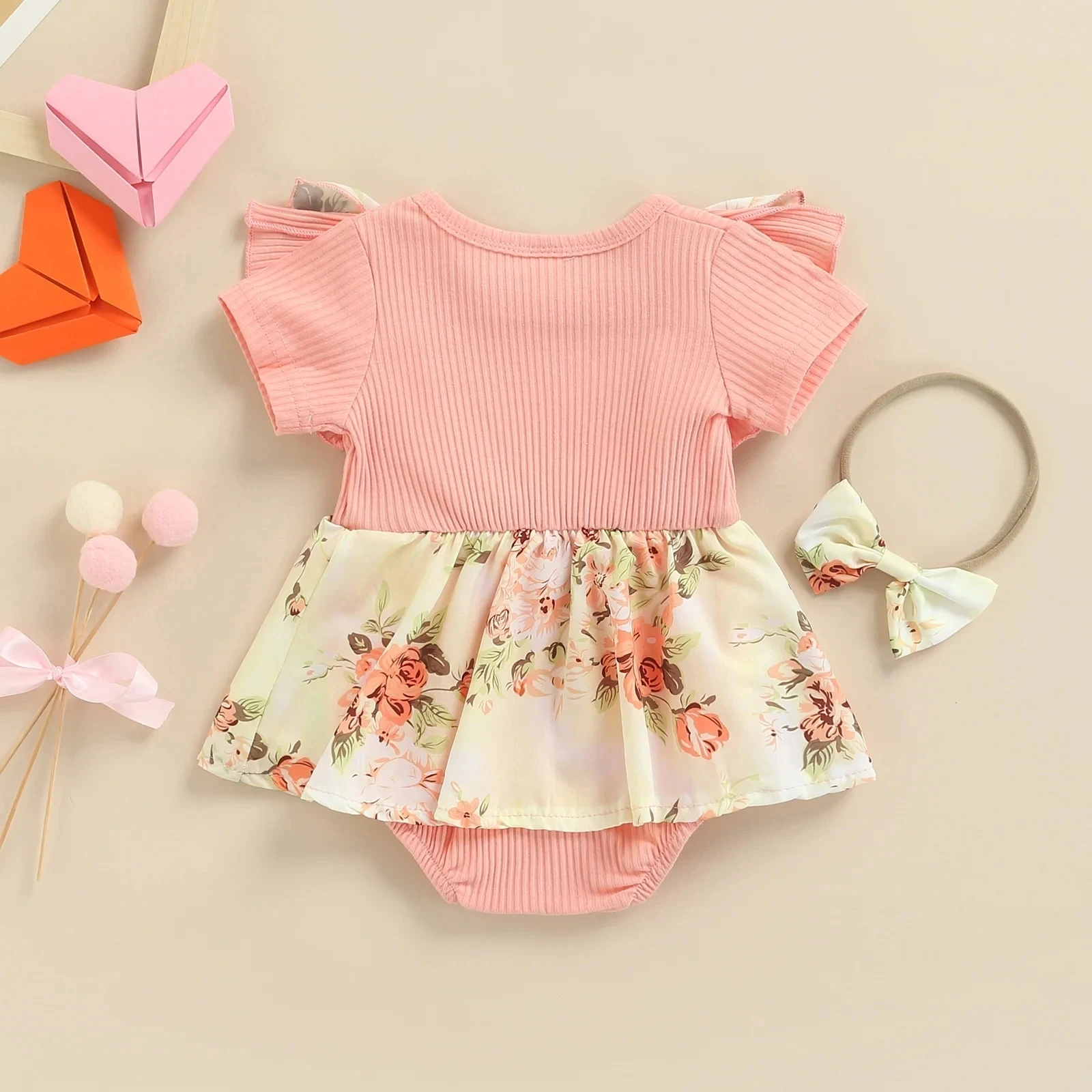 Summer Infant Baby Girls Dress Flying Sleeve Bodysuit + Bow Headband Flower Pattern Ruffle Sweet Style Clothing