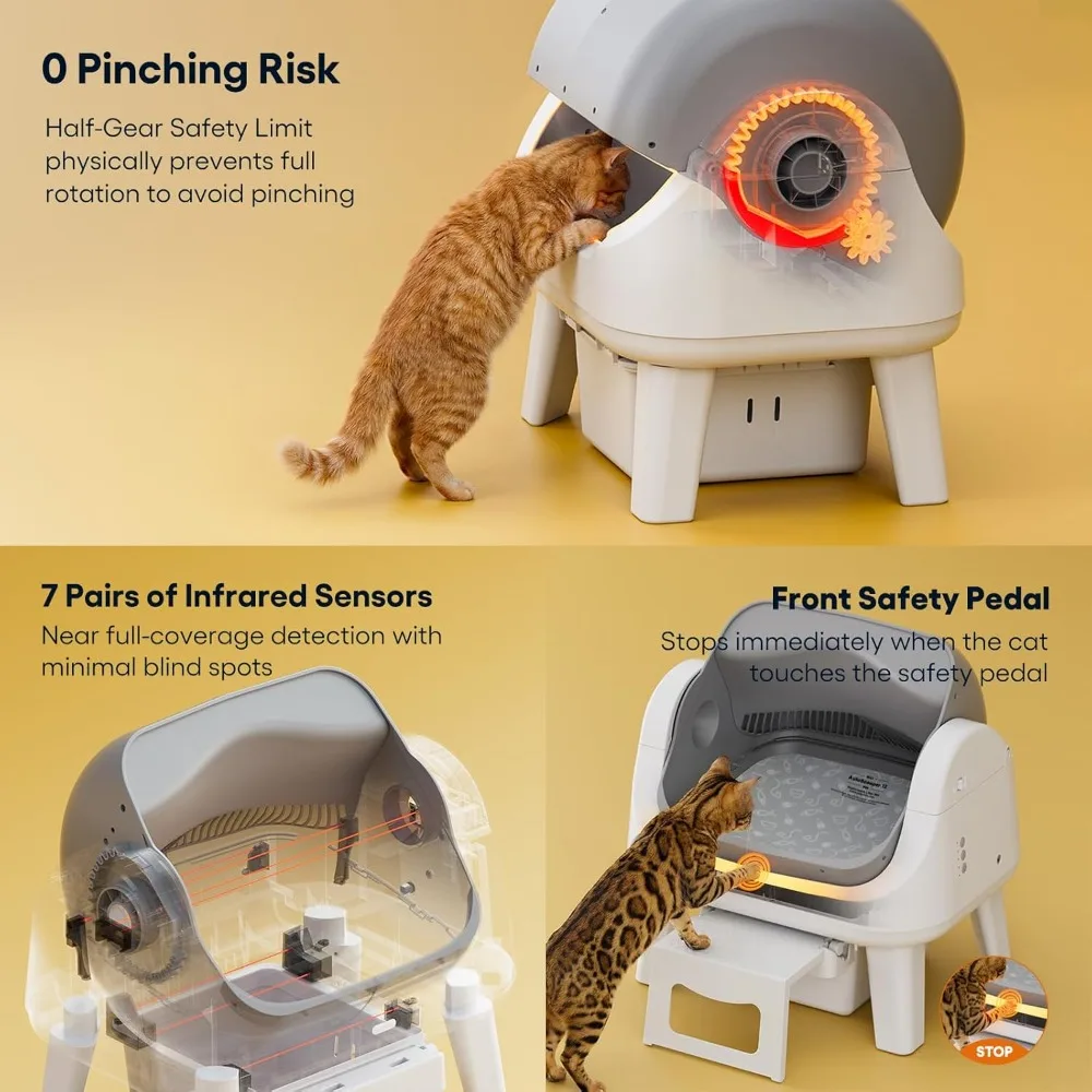 Open Top Self Cleaning Cat Litter Box, Automatic 7 Safety Sensors Anti-Pinch Protection Easy Access Step for Senior Cats, Custom