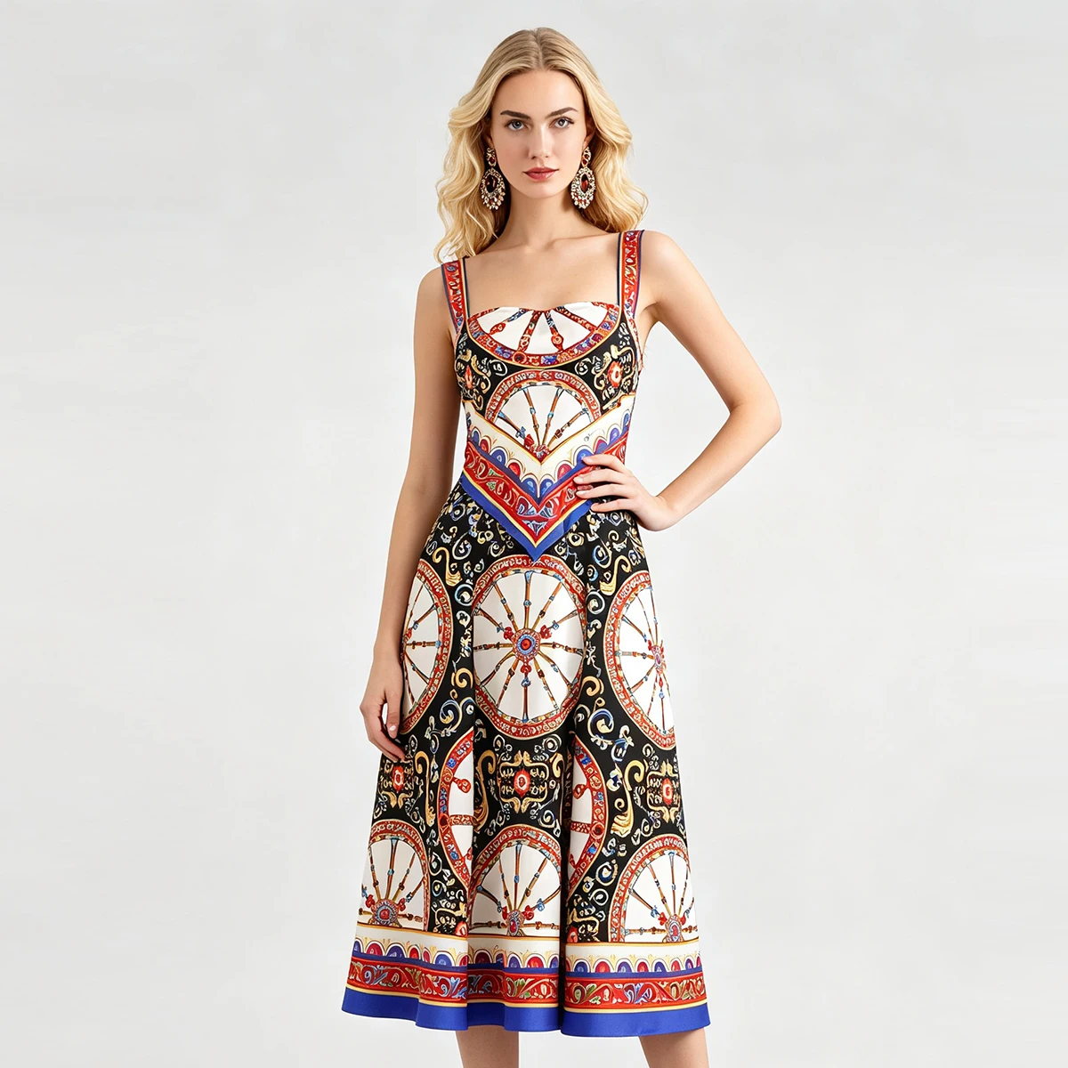Picture 5: Vintage Baroque Print Midi Dress Women Square Collar Sleeveless A-Line Summer Dress Bohemian Party Beach Sundress Elegant