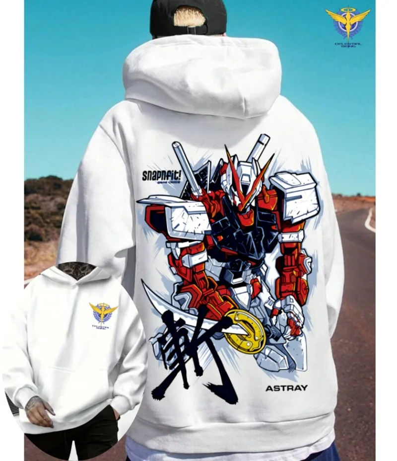 2025 Gundam Mech Back Anime Großes Muster Vorder- und Rückseite bedruckt mit Tasche verdickter lässiger lockerer Herbst/Winter 2yk Hoodie