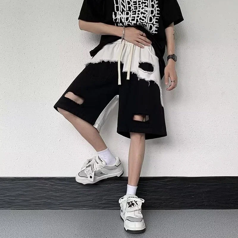 

Men's Short Jeans Pants with Pockets Bermuda Loose Oversize Baggy Drawstring Big Size Half Wide Male Denim Shorts Long Ripped Xl