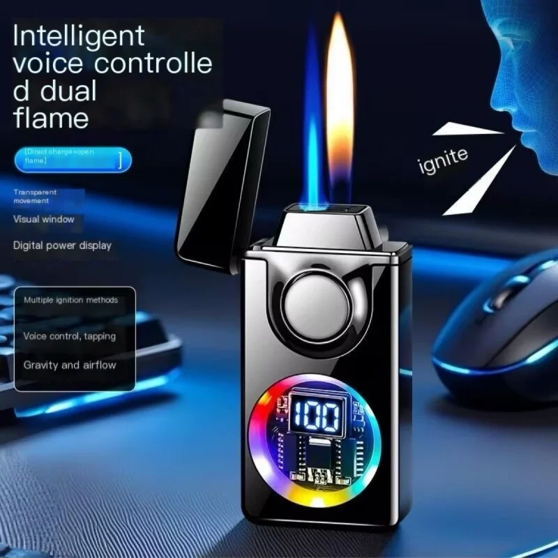 2025 New Voice Controlled Ignition Gas Lighter Color Light Battery Display Open Fire Switching Jet Fire USB Electric Lighters