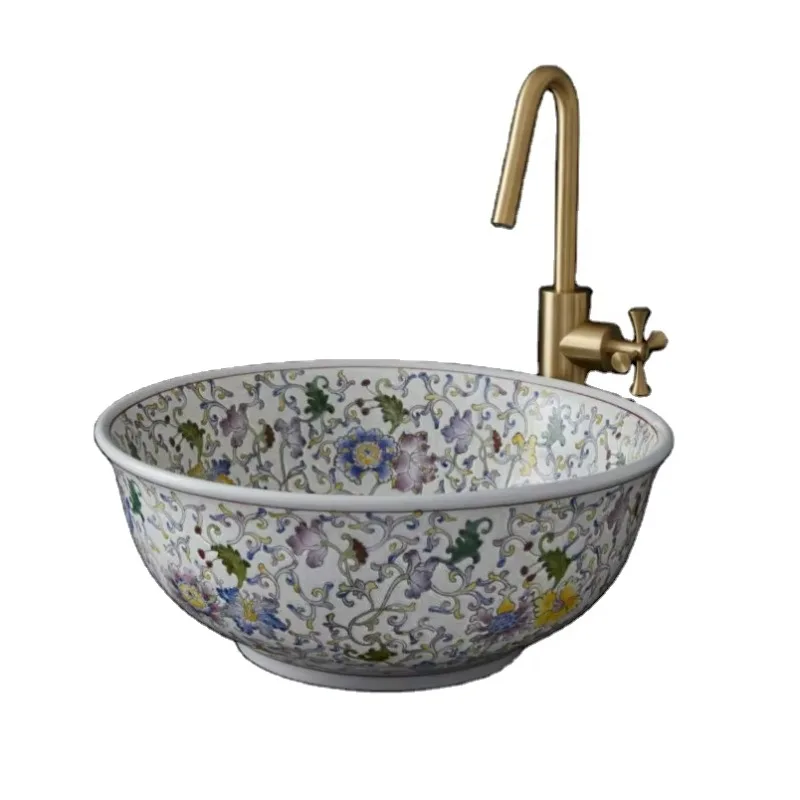 High-quality ceramic art basin sink with hand-painted pink butterfly pattern and floral design