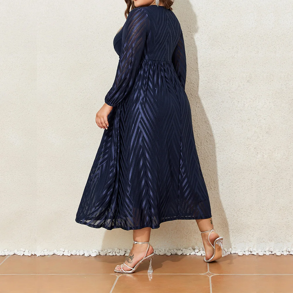 Women Plus Size 1XL-6XL Lantern Long Sleeved Autumn Winter Elegant Party Night Dress Solid Fashion V Neck Formal Evening Dresses