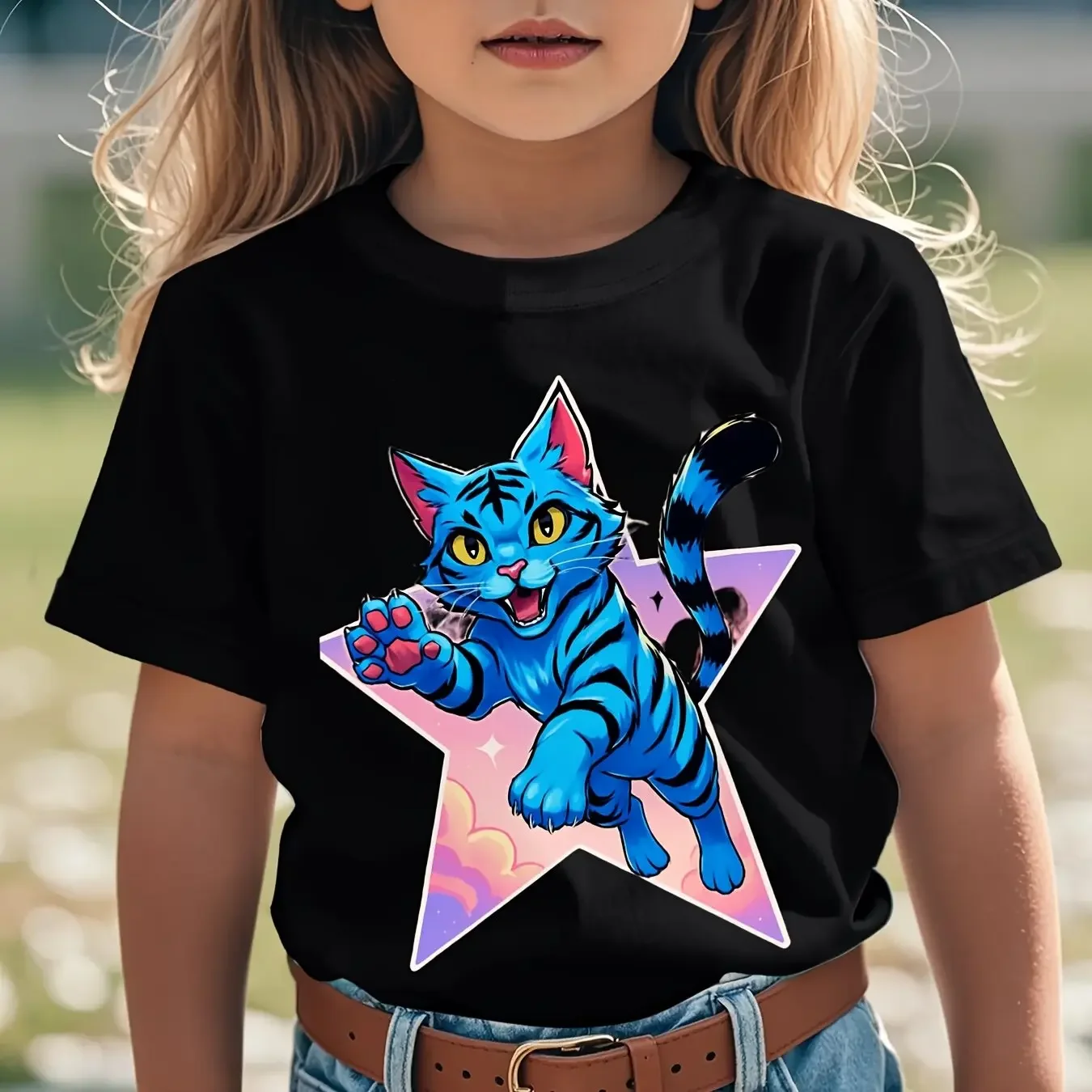 تي شيرت K-Pop للأطفال - شعار ومصور أعضاء مستوحى من مجموعة الموسيقى الكورية، أسود مع طباعة وجه مميزة باللون الوردي والأزرق #1