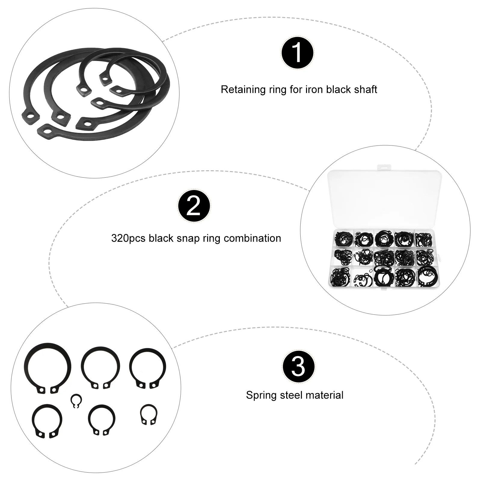 

320 Pcs Circlip Snap Ring Retaining Clip Spring Steel Set for Repair Bearings Gears Pulleys Snap Ring Hardware