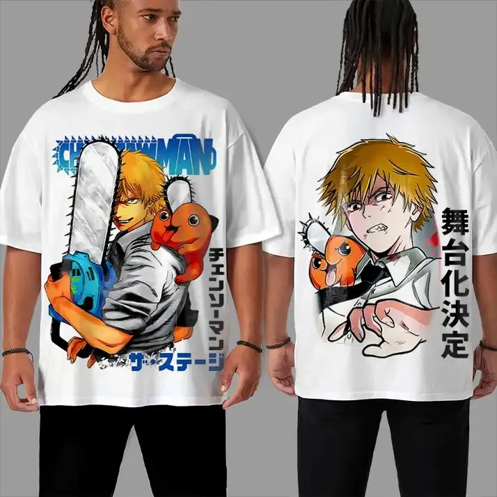 Bandai Chainsaw Man 2D Anime Print Short Sleeve Tee, Japanese Exciting Anime Character Graphic Top for Casual Street Daily Wear