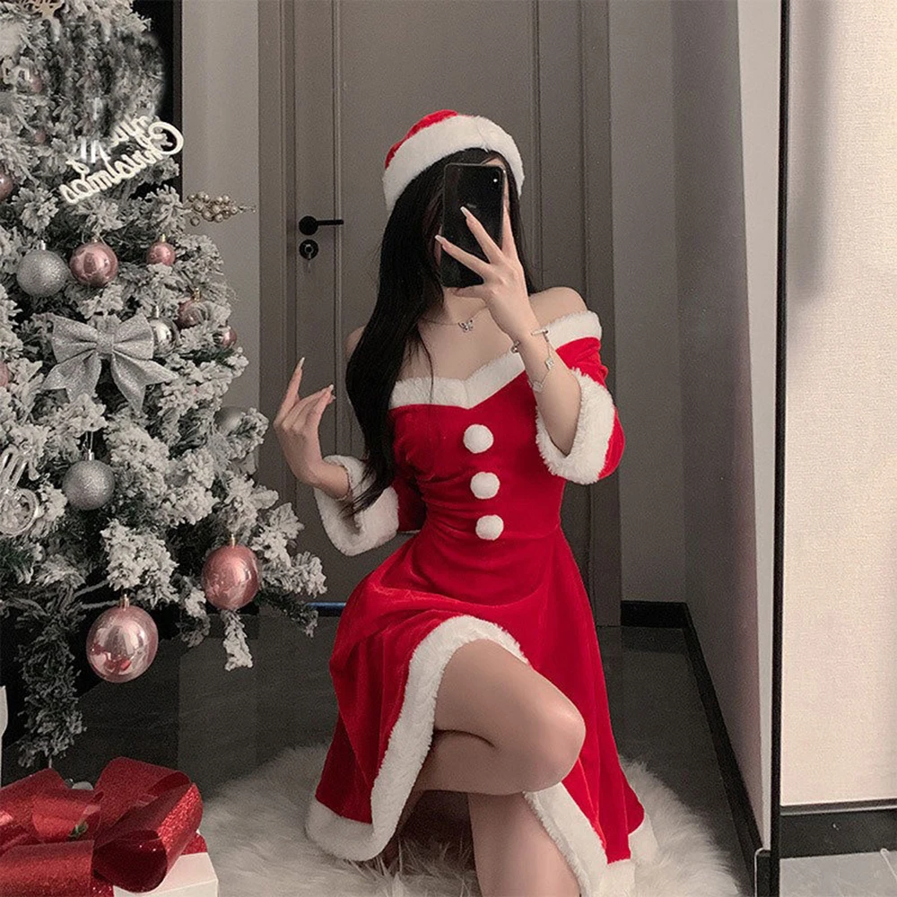 Women's Santa Claus Cosplay Costume Lady Christmas Outfit New Year Party Dress Red Plush Fur Xmas Clothes Winter Short Dress