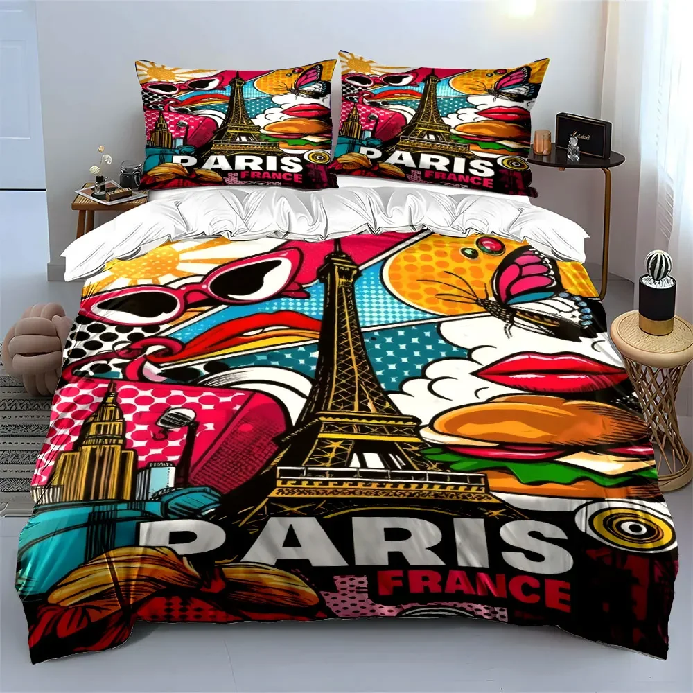 Colorful Paris Pop Art Decor Bedding Set with 1 Duvet Cover 2 Pillowcases Single Double King Queen, Gift