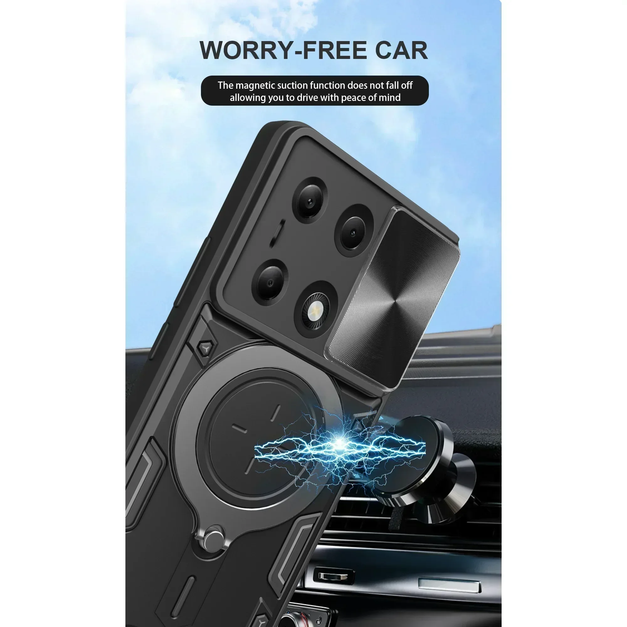 Shockproof Magnetic Case for Redmi Note 13 Pro Plus 5G 4G 13C POCO X6 Pro 5G M6 Pro4G Slide Camera Lens Ring Stand Protect cover