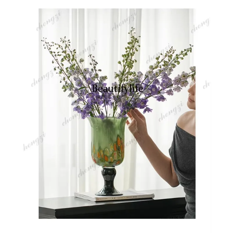A74French high-stem glass vase with a sophisticated feel. Vintage glass flower vessel table decoration