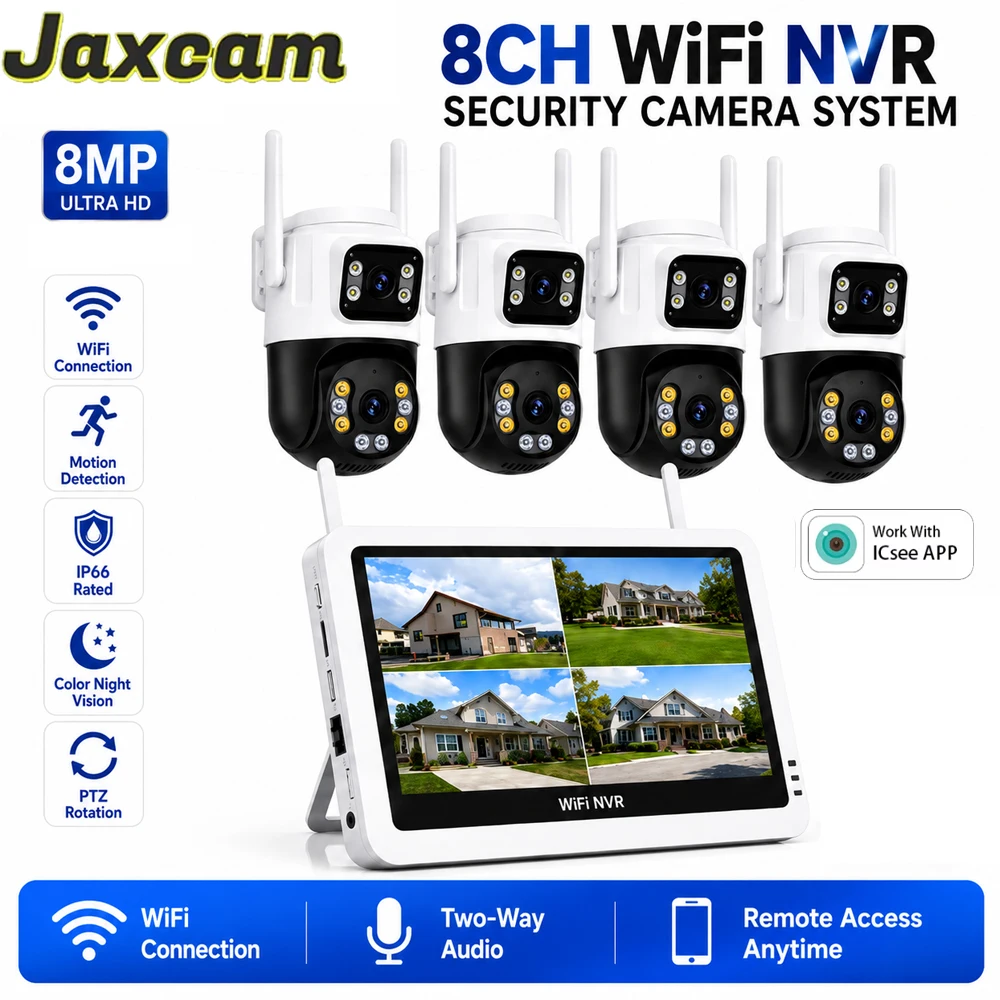 8MP Dual Lens WIFI IP Camera 8CH NVR 7-inch LCD Screen Video Recorder  Home Security Camera System Surveillance ICsee APP