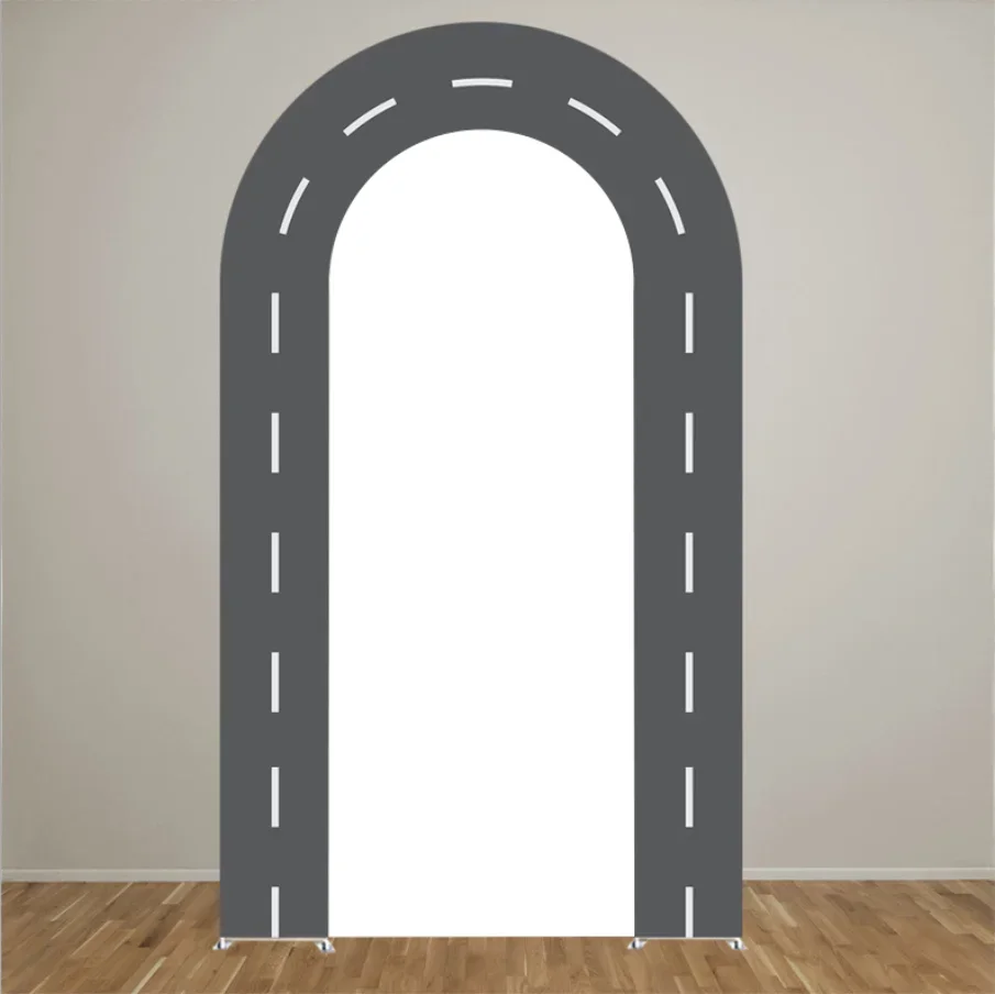 Mehofond-パーソナライズされた両面レーシングカーの背景写真,誕生日パーティーの背景,ベビーシャワー,キアラアーチ,道路,子供,男の子