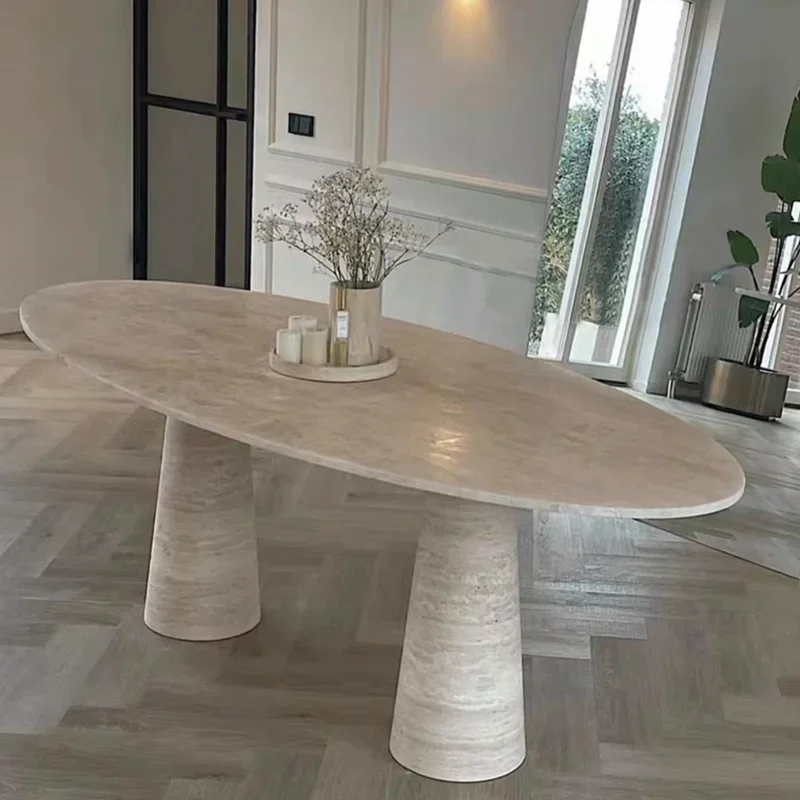 Natural Marble Ellipse Dining Table Retro Mid-Ancient Natural Cave Stone Dining Table Square Dining Table