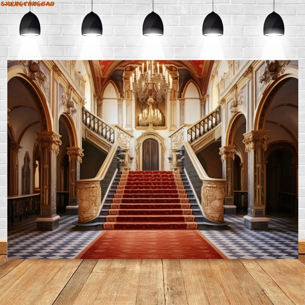 Luxury Palace การถ่ายภาพฉากหลัง Retro ปราสาทสีแดงพรมบันไดงานแต่งงานวันเกิด Party Decor เจ้าสาวภาพพื้นหลัง