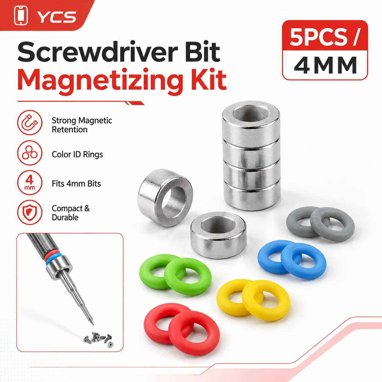 YCS 5PCS 4mm Screwdriver Bit Magnetizing Kit Magnetic Ring Color ID Rings for Phone Repair Precision Screwdriver Bits