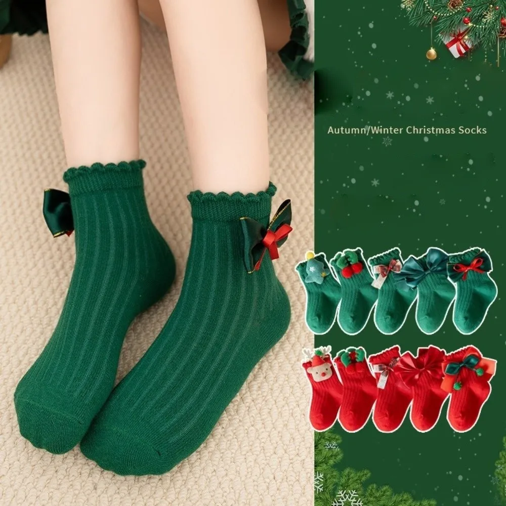New Bow Calf Sock Red Green Cotton Leg Warmers Princess Socks Autumn and Winter