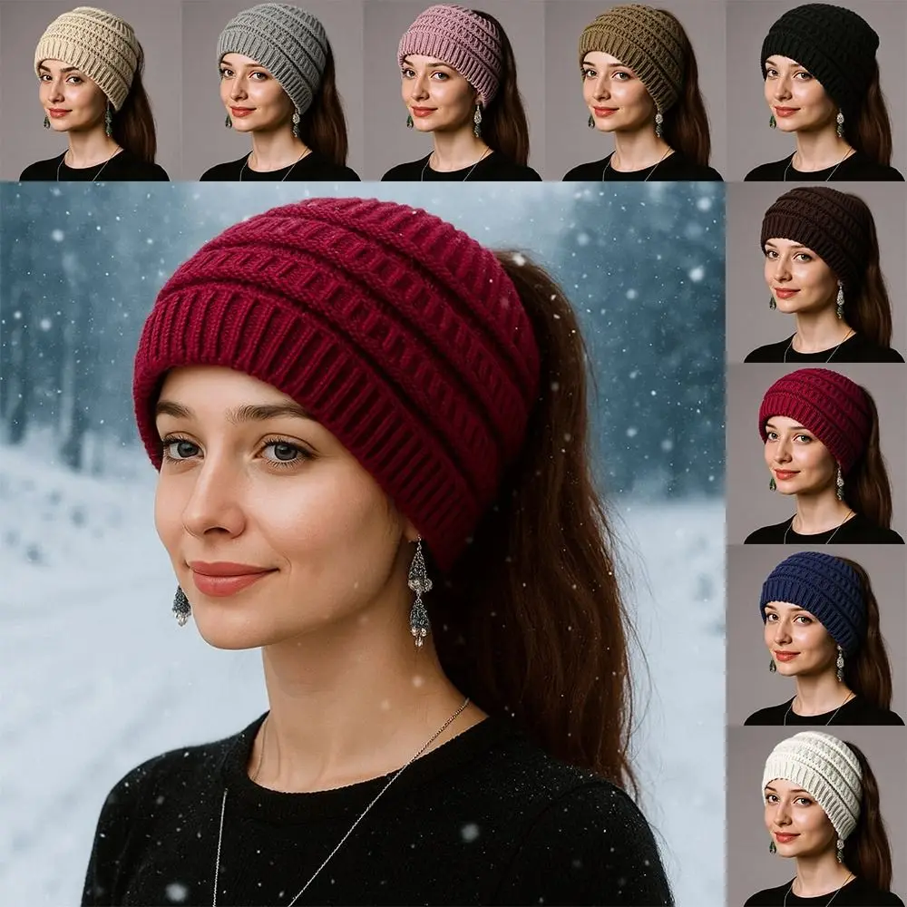 

Warm Solid Color Ponytail Beanie Hat Thicken Headwear Knitted Hat Ear Protection Knitting Headband Winter