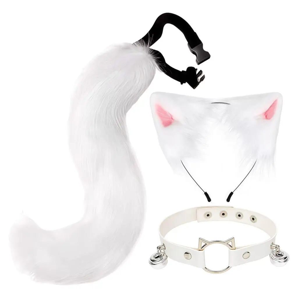 Plush Cat Ear Headband with Fox Ears and Tail Set Animal Cosplay Costume Accessories for Halloween Party Dress Up