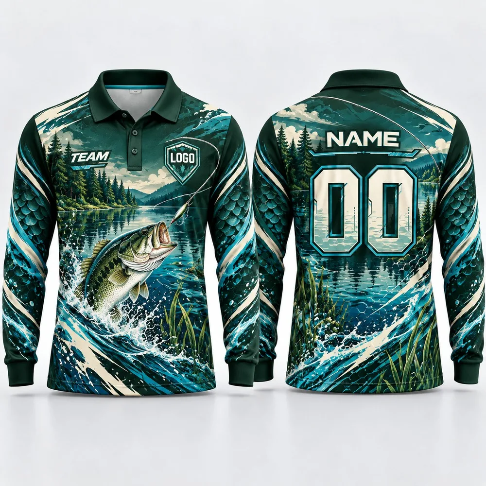 DIY Custom Fishing Club Long Sleeve Polo Shirt for Men Name Number Logo Print Polyester Personalized Team Casual Outfit Club