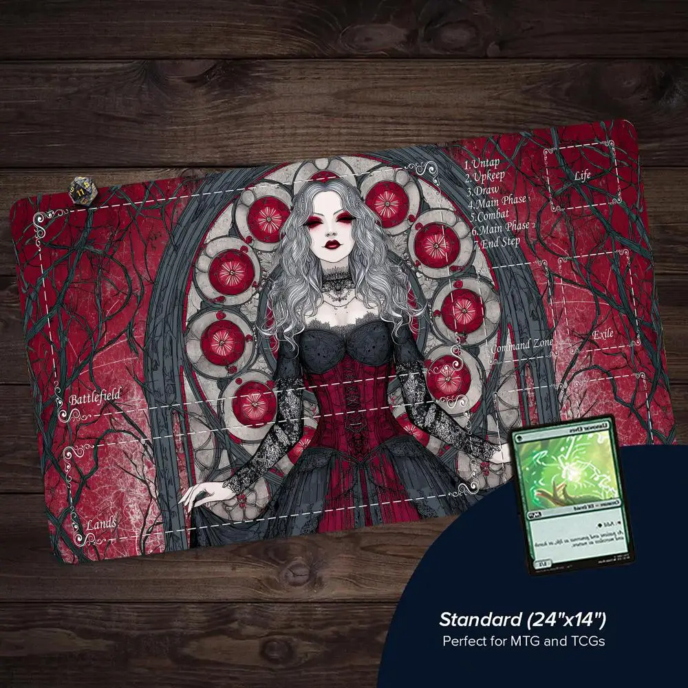 Gothic Female Vampire TCG Playmat Magic Card Mat with Stitched Edge Non-Slip Durable Tabletop Playmat Board Game Mat for TCG